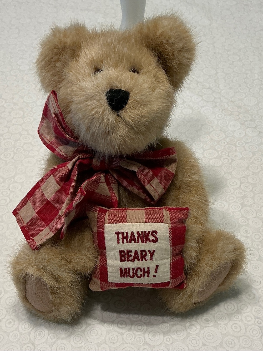 Tan Plush Teddy Bear with Red Gingham Bow and Pillow